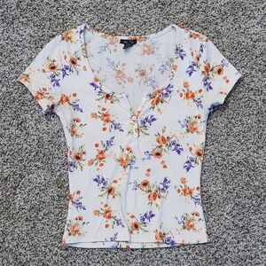 Floral V-Neck Top Short Sleeves
